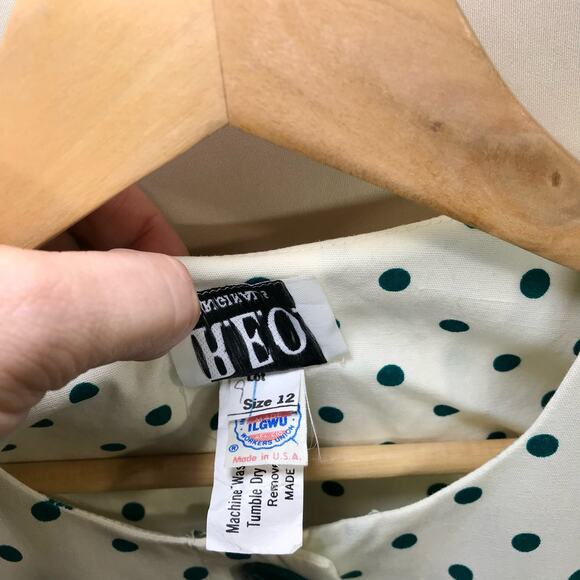 REO Originals Vintage 80s Preppy Short Sleeve Pleated Green Polka Dot Dress 12 - Picture 8 of 14